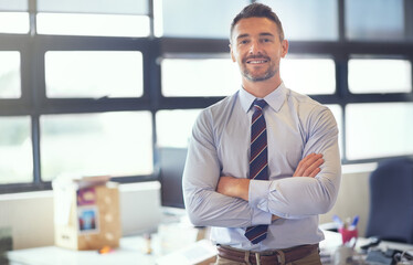 Portrait, confidence and happy business man in office with company experience, pride and integrity...