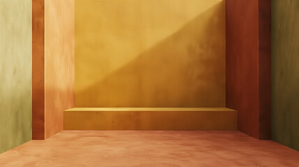 Modern terracotta, mustard yellow and olive green minimalistic interior background wall mockup 3d render