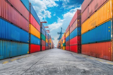 Fototapeta premium A row of vibrant shipping containers stored in a modern warehouse