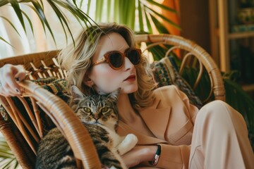 A person sitting in a chair with a domesticated feline companion