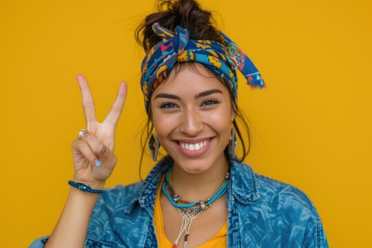 A woman wearing a bandana on her head makes a peace sign, conveying a message of harmony and unity