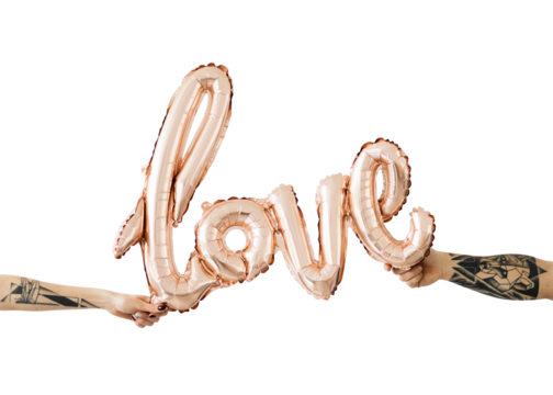 Hands holding a glossy rose gold love balloon transparent png
