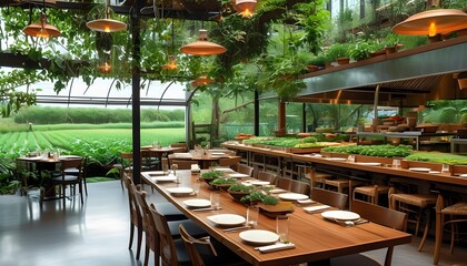 Fototapeta premium A tranquil dining experience surrounded by lush greenery discover the perfect blend of nature and culinary artistry in an eco-friendly restaurant setting