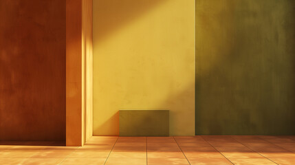 Modern terracotta, mustard yellow and olive green minimalistic interior background wall mockup 3d render