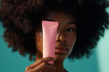A Black woman with an afro holds a pink tube of skincare product in front of her eye.