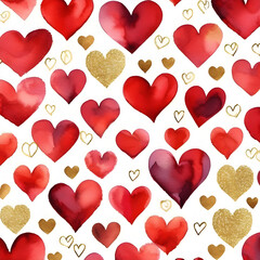 Watercolor seamless pattern of bright red hearts wrapped in gold ribbons.