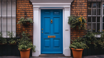 Fototapeta premium Bold Blue Front Door Surrounded by Potted Plants in a Welcoming Entryway