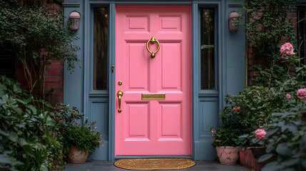 Bright Pink Front Door Featuring a Brass Knocker and Decorative Elements in a Charming Residential Setting