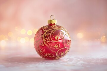 Shimmering red glass ornament with intricate gold detailing isolated on a soft gradient background