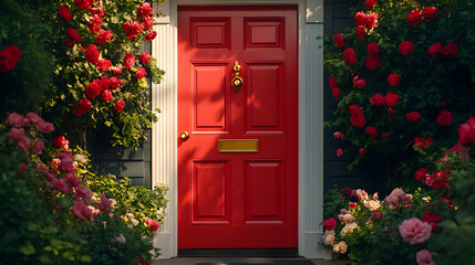 Bright Red Front Door with Golden Number Plate Surrounded by Greenery