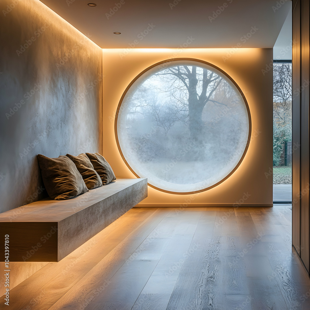 Poster soft light filtering through a frosted circular window, creating a gentle atmosphere in an indoor sp