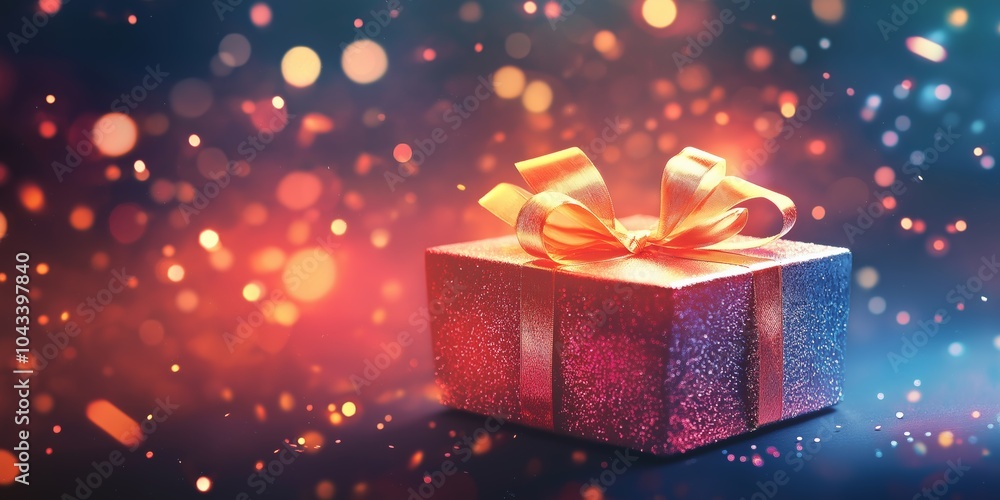 Poster a red box with a bow on top of it. the box is sitting on a table with a lot of sparkles around it