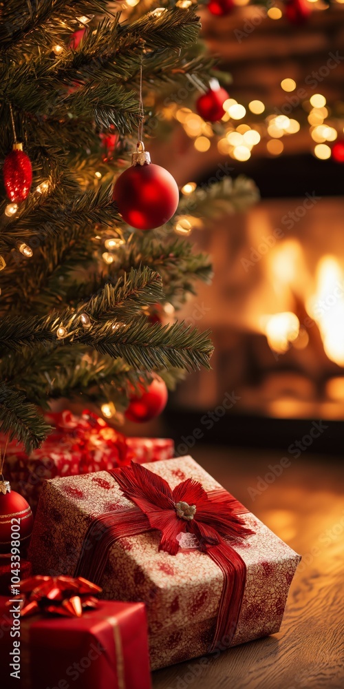 Poster a christmas tree with red ornaments and a red ball hanging from it. a red box with a red ribbon sits