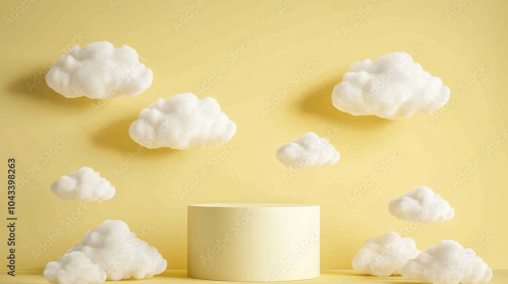 Poster a simple, elegant display with a yellow background and a beige cylinder podium. white clouds float i