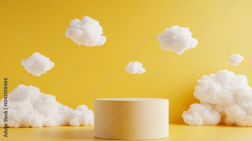 Poster a simple, elegant display with a yellow background and a beige cylinder podium. white clouds float i