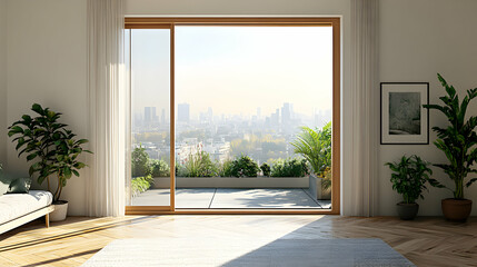 Fototapeta premium Modern Clean Sliding Glass Door Opening to a Rooftop Terrace with Scenic Views