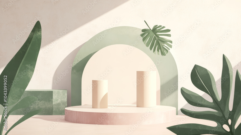 Aufkleber a simple, pastel-colored background with a round platform for displaying products. there's a cream-c