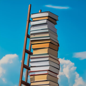 Cena de livros empilhados como degraus de uma escada, subindo em dire&ccedil;&atilde;o ao c&eacute;u, simbolizando o caminho para o conhecimento e o crescimento intelectual.