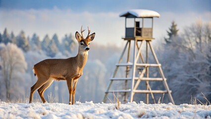 Fototapeta premium Roe deer in winter with hunting tower in the background