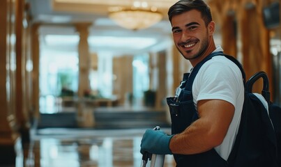 Smiling man in uniform cleaning a hotel.