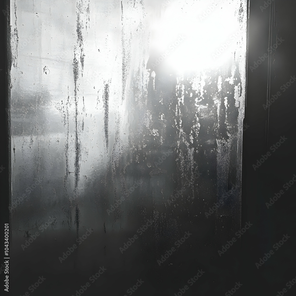 Poster fogged-up window with intricate condensation patterns capturing a cozy indoor atmosphere on a rainy 