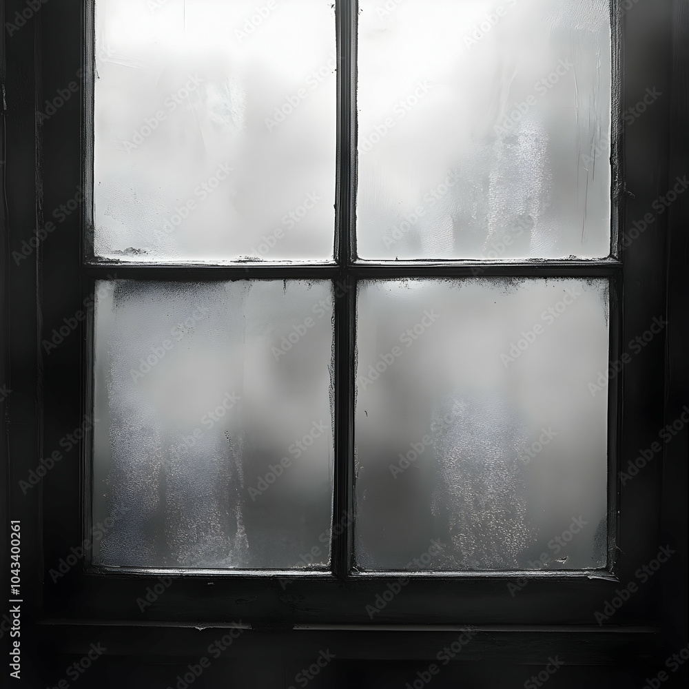 Poster Close-Up of a Fogged-Up Window with Unique Condensation Patterns, Capturing the Intricacies of Moisture and Light