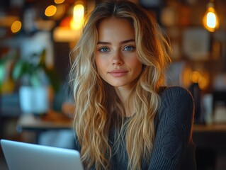 Obraz premium professional woman designing a dynamic personal branding presentation on a sleek laptop, colorful slides illuminating her focused expression amid a modern office setting