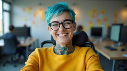 portrait inclusive happy smiling American disabled office LGBTQ+ female wheelchair bound colleague, blue lesbian hair, bright diverse deib positive soft blurred workplace candid 
