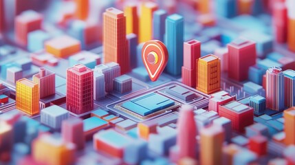 Obraz premium A colorful, highly detailed miniature city with a floating geo pin, symbolizing how geofencing technology is transforming urban areas for logistics and advertising.