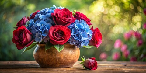 Obraz premium A vibrant bouquet of crimson roses and delicate blue blossoms, arranged in a rustic earthenware vase, rests on a weathered wooden surface, bathed in the soft glow of natural light.