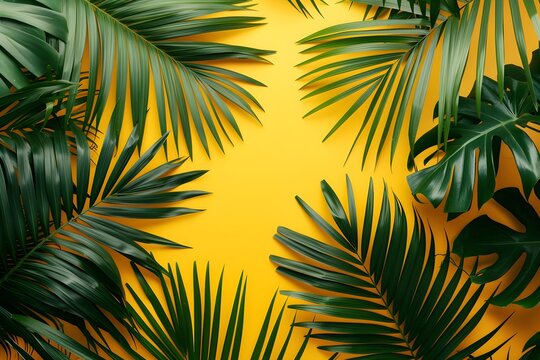 Green palm leaves on a yellow background