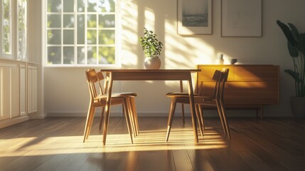 Fototapeta premium A cozy mid-century modern Scandinavian dining room, featuring sleek wood chairs, a simple table, and soft muted tones, with minimalistic elegance.