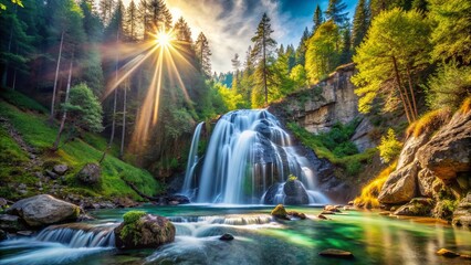 Sunlight Bathes a Tranquil Waterfall in a Verdant Forest Valley, Creating a Serene and Majestic Scene