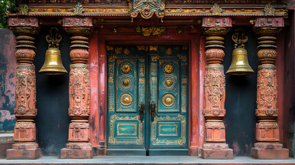 Ornate Indian Temple Door Decorated with Brass Bells, Showcasing Intricate Carvings and Cultural Heritage