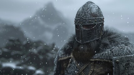 A knight in full medieval armor and helmet stands on a mountaintop, ready for battle. The sky is dark and cloudy, reflecting the power and conflict of the past.