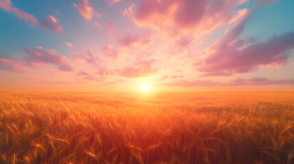 Fototapeta premium Sunrise over golden wheat field, vibrant sky with soft clouds in pink and orange. Warm sunlight casting golden glow, expansive rural landscape.