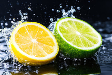 Fresh lemon and lime halves with water droplets and splashes.