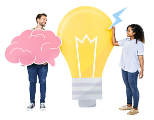 Png people carrying light bulb and brain icons, transparent background