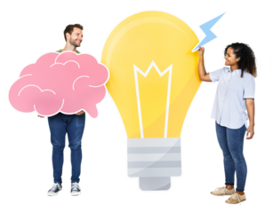 Png people carrying light bulb and brain icons, transparent background