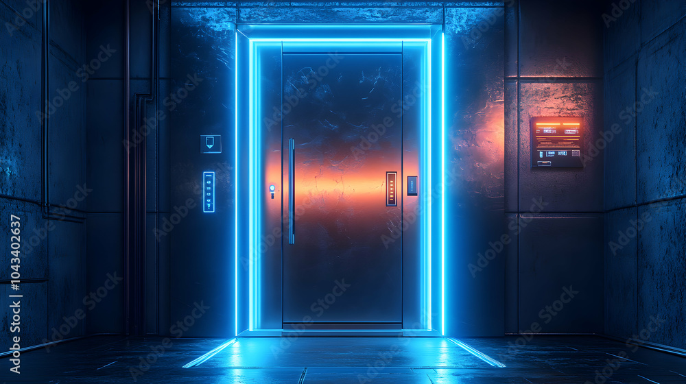 Poster high-tech metallic door featuring led lighting and biometric access control in a modern architectura