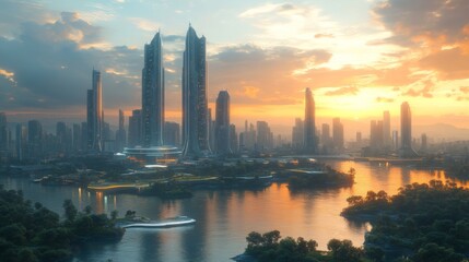 Obraz premium A vibrant sunset casts warm hues over a modern skyline featuring sleek, tall buildings. A serene river reflects the cityscape, creating a peaceful atmosphere in the foreground.