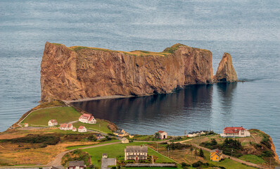 Aerial view of the village of Percé and its stunning offshore rock formationsl, Percé Geopark,...
