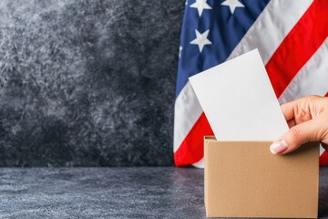Voting scene with a hand placing a ballot in a box, American flag draped behind, highlighting patriotism and the democratic process
