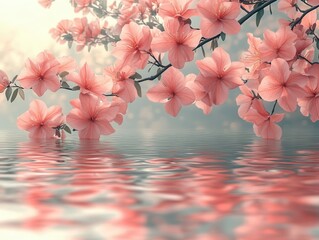 rippling lake surface reflecting a serene atmosphere, bordered by vibrant flowers, with a soft gradient background enhancing the tranquility and simplicity of nature