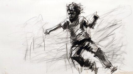 Black charcoal pencil drawing of a small active kid dancing in white background with live performance