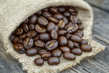 Fototapeta premium Coffee Beans Spilling From a Burlap Sack