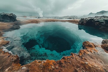Wide-angle shot of a geothermal energy site in Iceland, with dramatic geysers erupting, colorful hot spring pools, and rugged volcanic rock formation