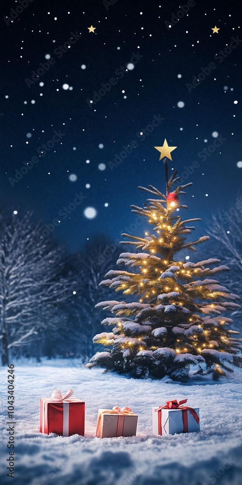 Poster a christmas tree with three presents on the ground in front of it. the tree is lit up with lights an