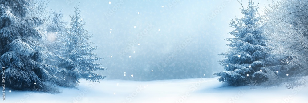 Poster a snowy landscape with two pine trees in the foreground and a large snowy field in the background. c