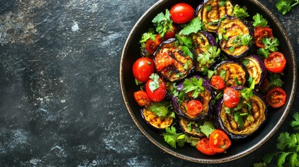 A fresh and colorful vegetarian eggplant salad with baked aubergine, cherry tomatoes, and cilantro, ideal for healthy dining photography.